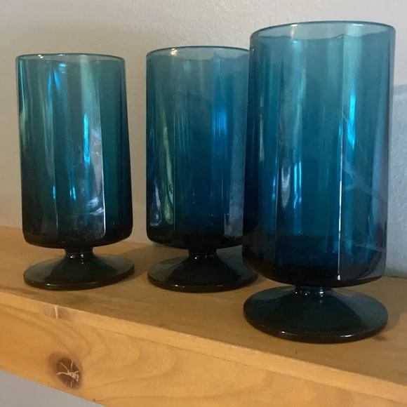 Vintage Blue Colony Nouveau Riviera Pedestal Goblets Set of 3 - Picture 3 of 3